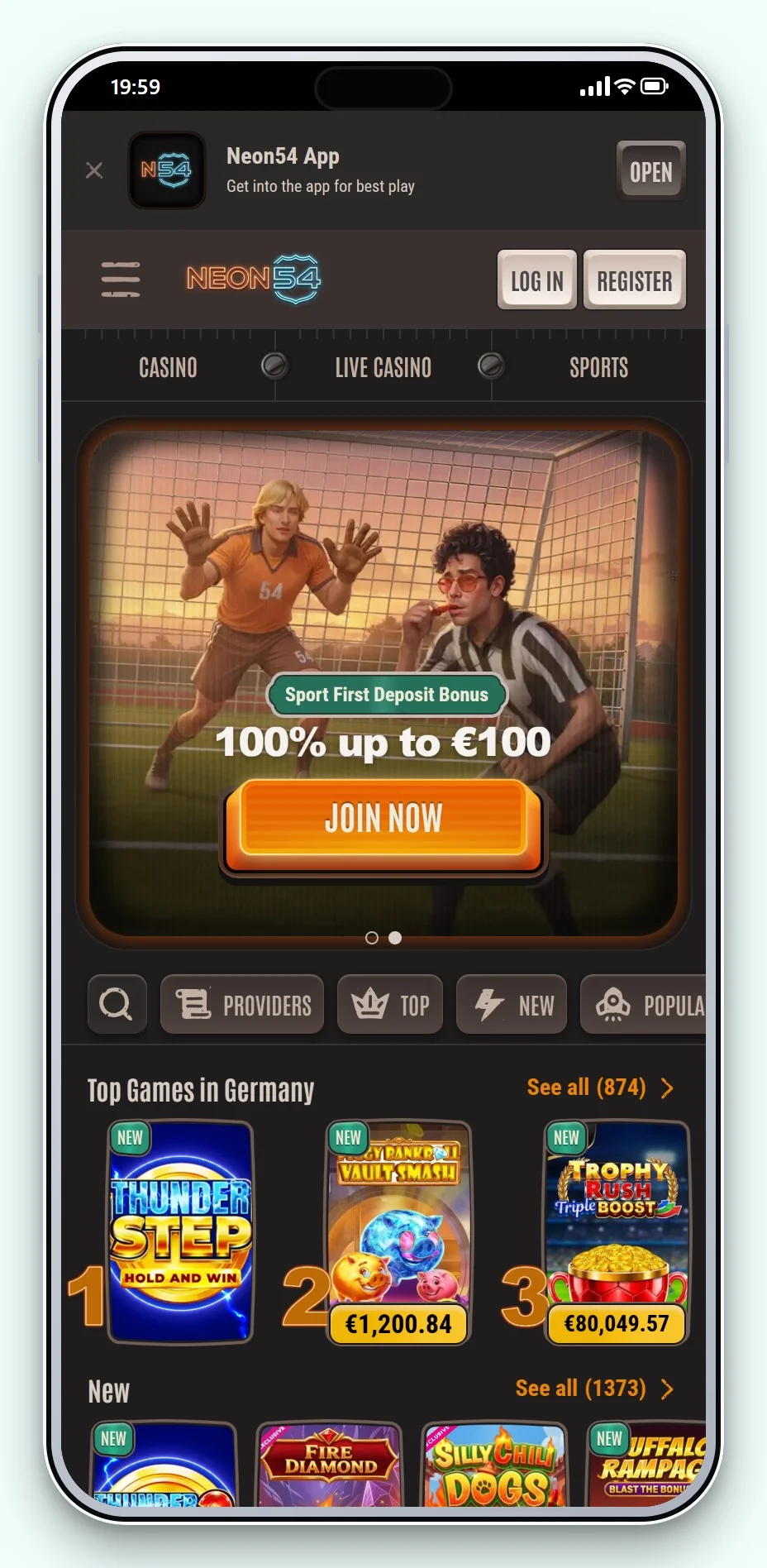 Online Casino Trustly: Neon54 auf dem Smartphone, die Spielelobby
