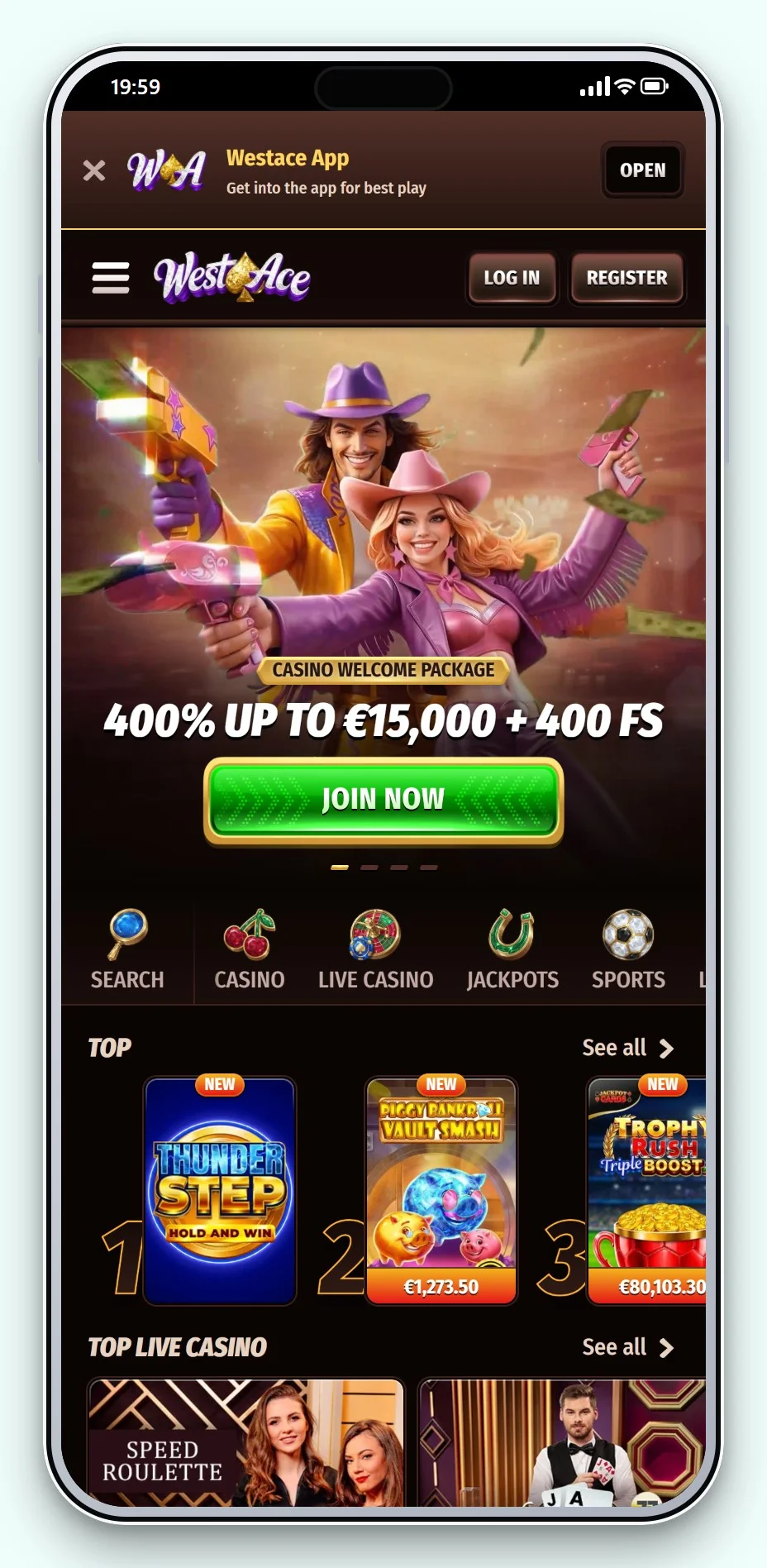 Trustly Casinos: WestAce auf dem Smartphone, die Spielelobby
