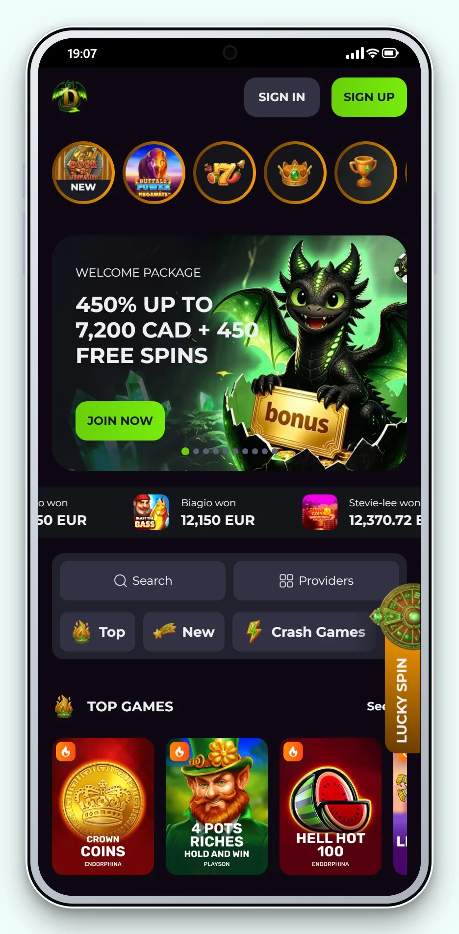 Trustly casino: Drakaris on mobile, the casino lobby on a phone