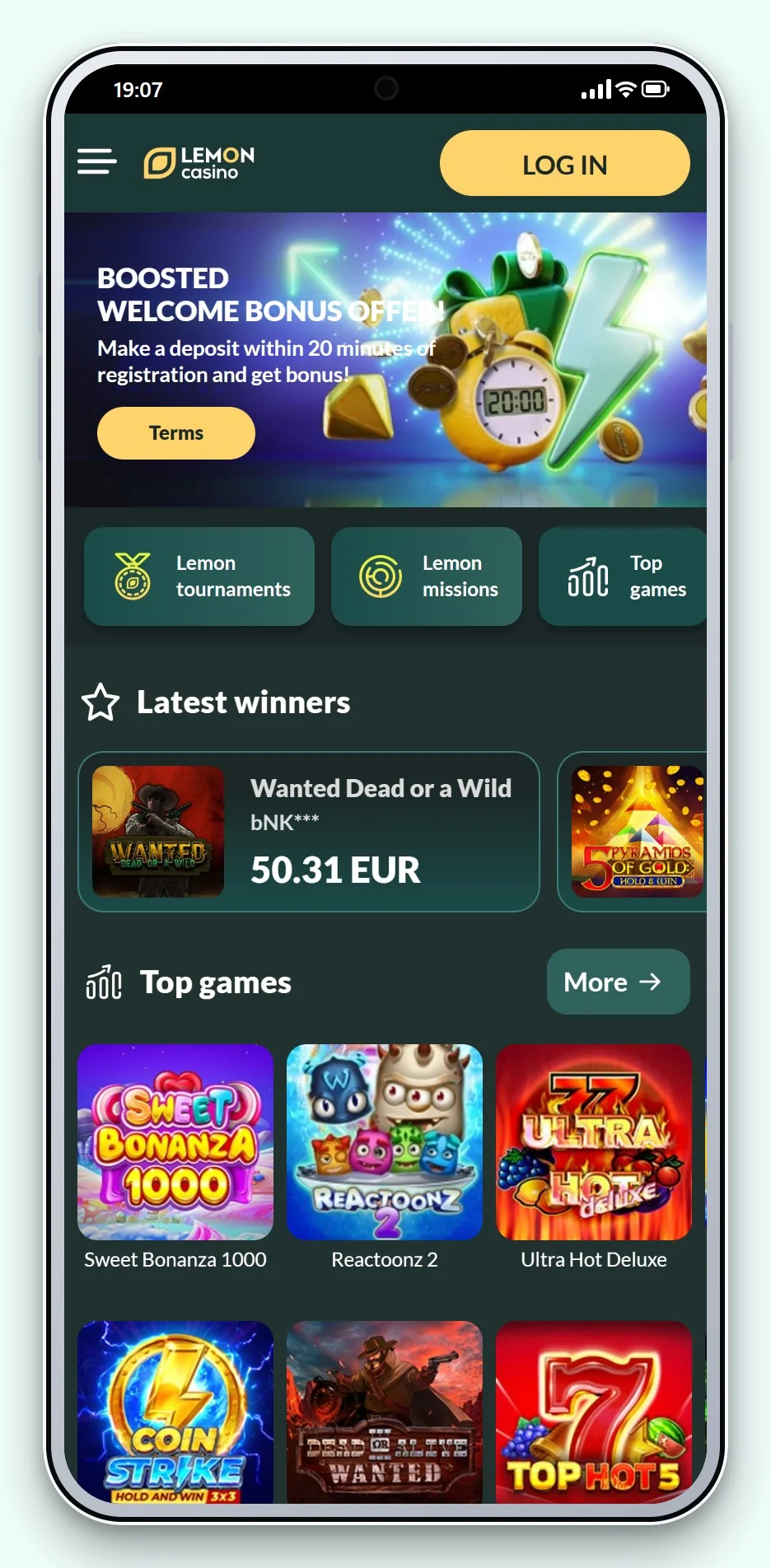 Trustly casinos: Lemon Casino on mobile, the casino lobby on a phone