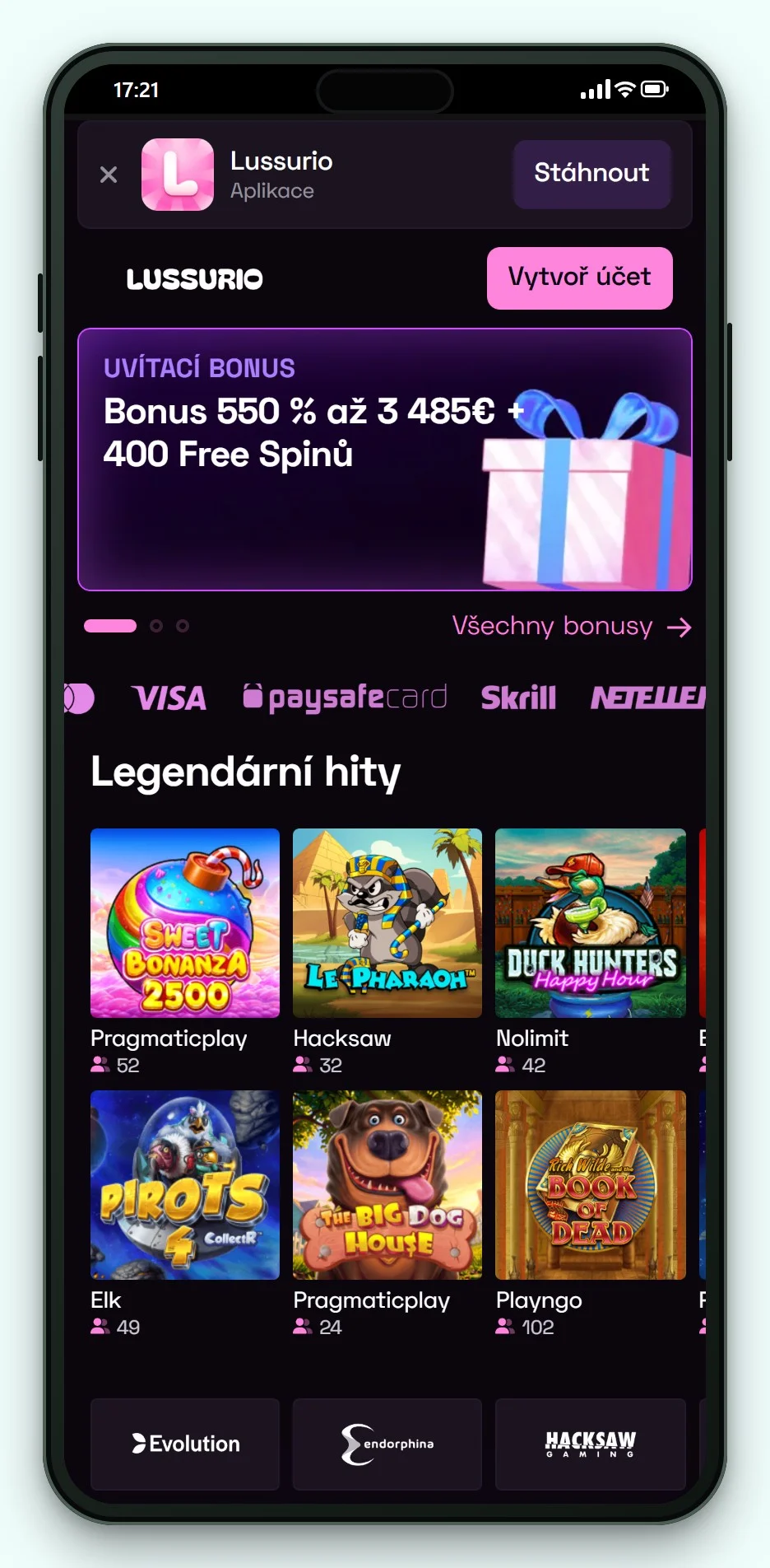 trustly platba: Lussurio v mobilu, herní lobby casina