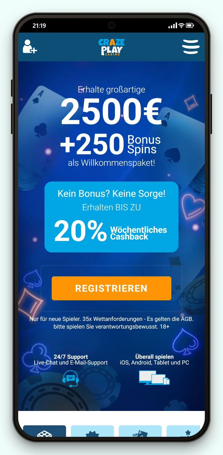 Trustly Casinos: CrazePlay auf dem Smartphone, die Spielelobby