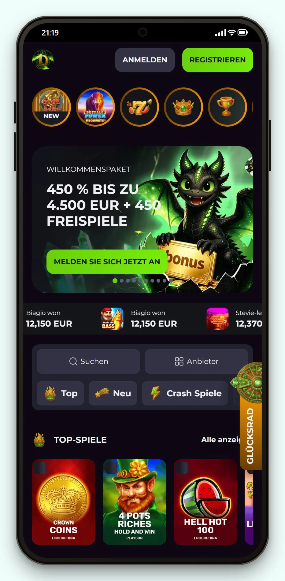 Online Casino Trustly: Drakaris auf dem Smartphone, die Spielelobby
