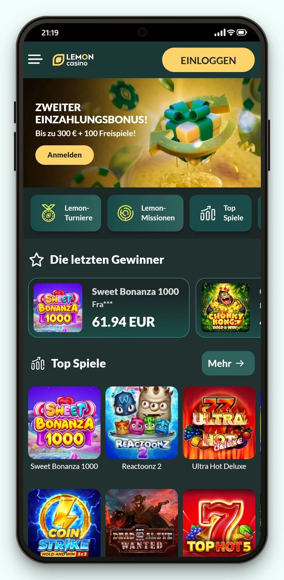 Casino mit Trustly: Lemon Casino auf dem Smartphone, die Spielelobby