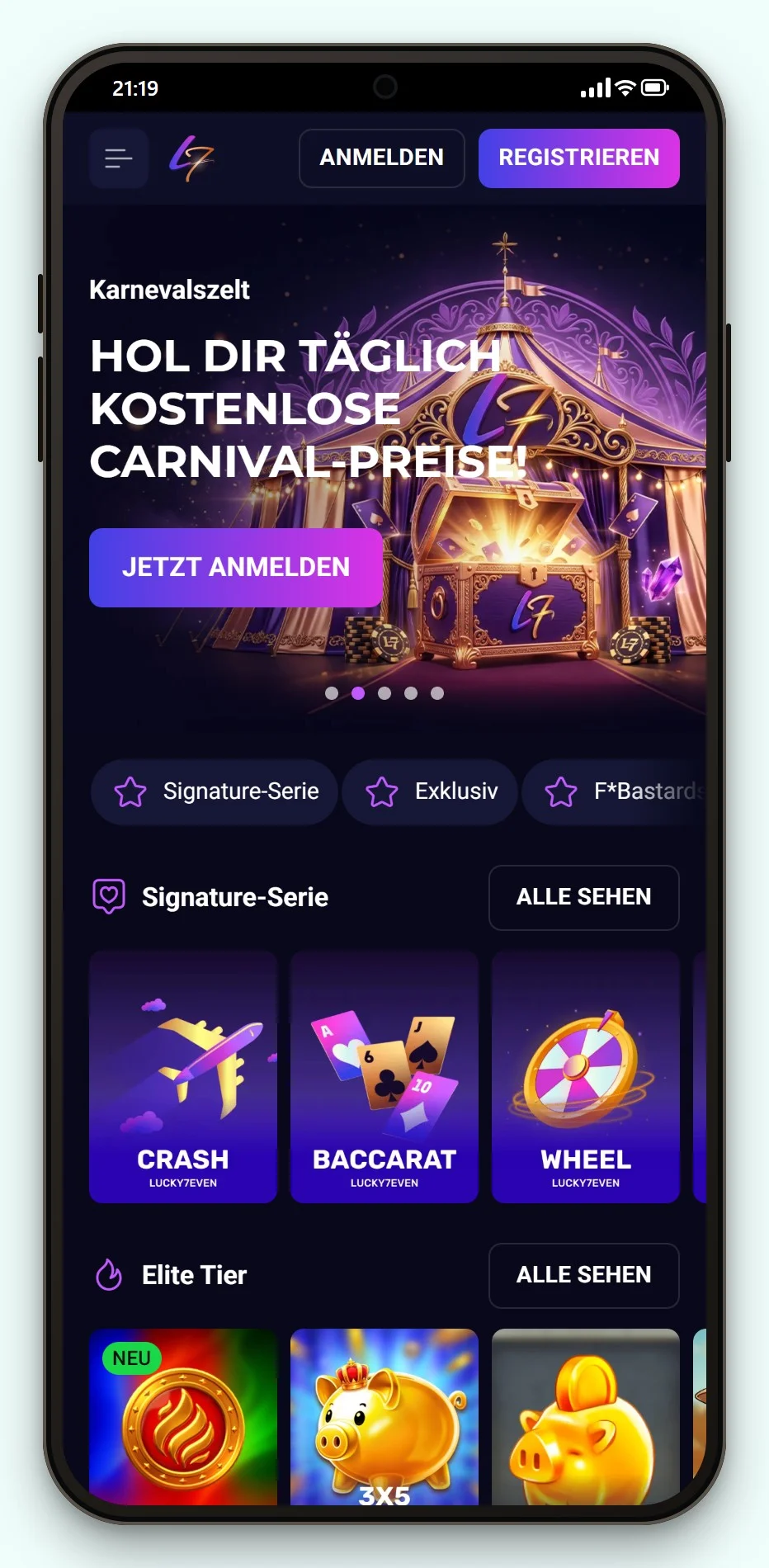 beste Trustly Casinos: Lucky7even auf dem Smartphone, die Spielelobby