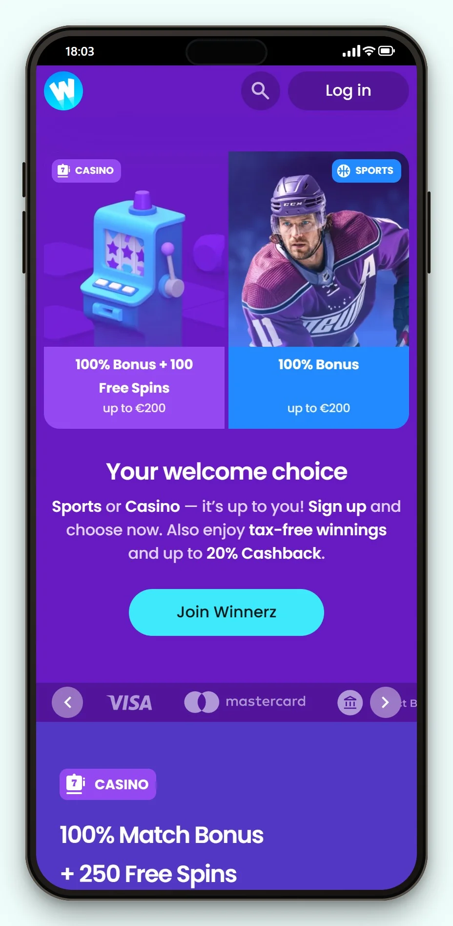 Trustly casino: Winnerz på mobilen, casinoets spillobby