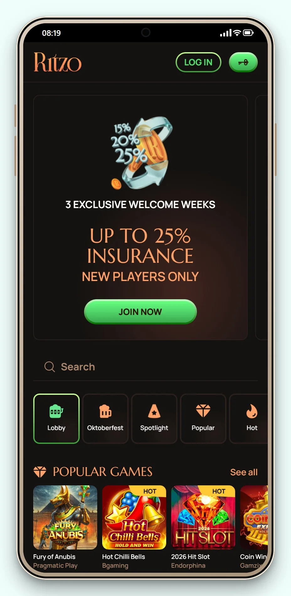trustly kasiino: Ritzo mobiilis, kasiino mängusaal