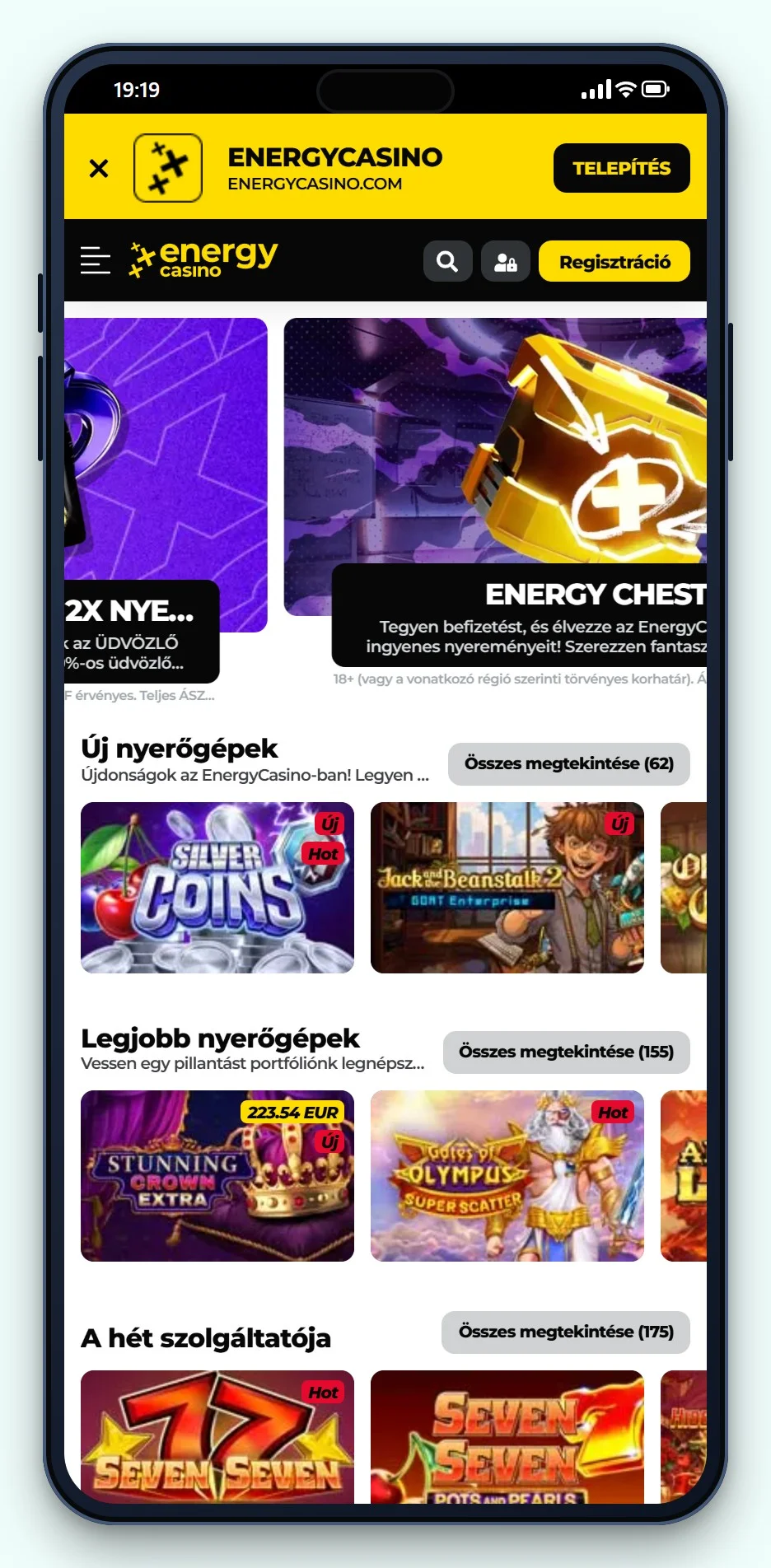 trustly kaszinó: Energy Casino mobilon, a kaszinó játéklobbija