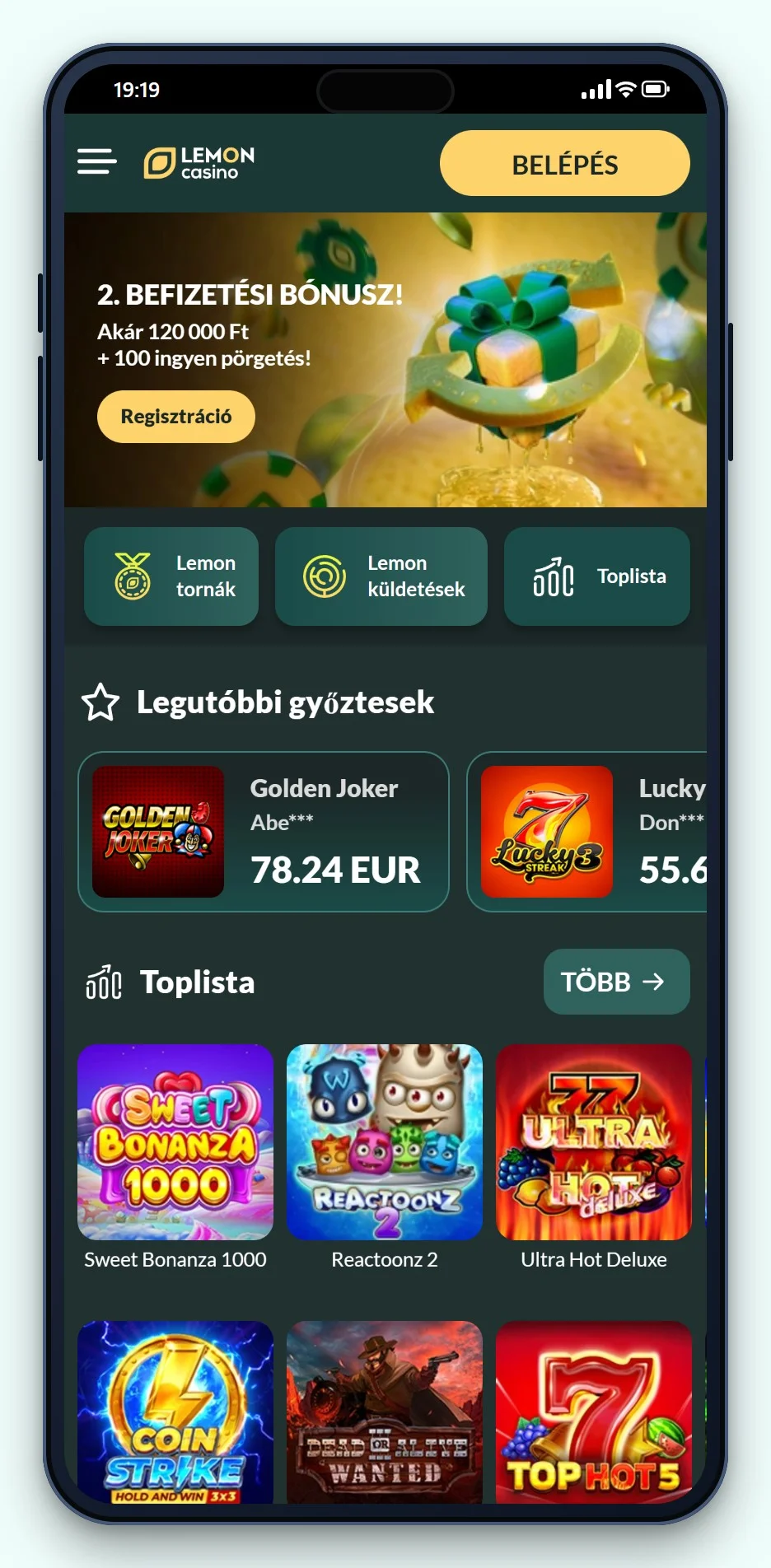 legjobb trustly kaszinók: Lemon Casino mobilon, a kaszinó játéklobbija