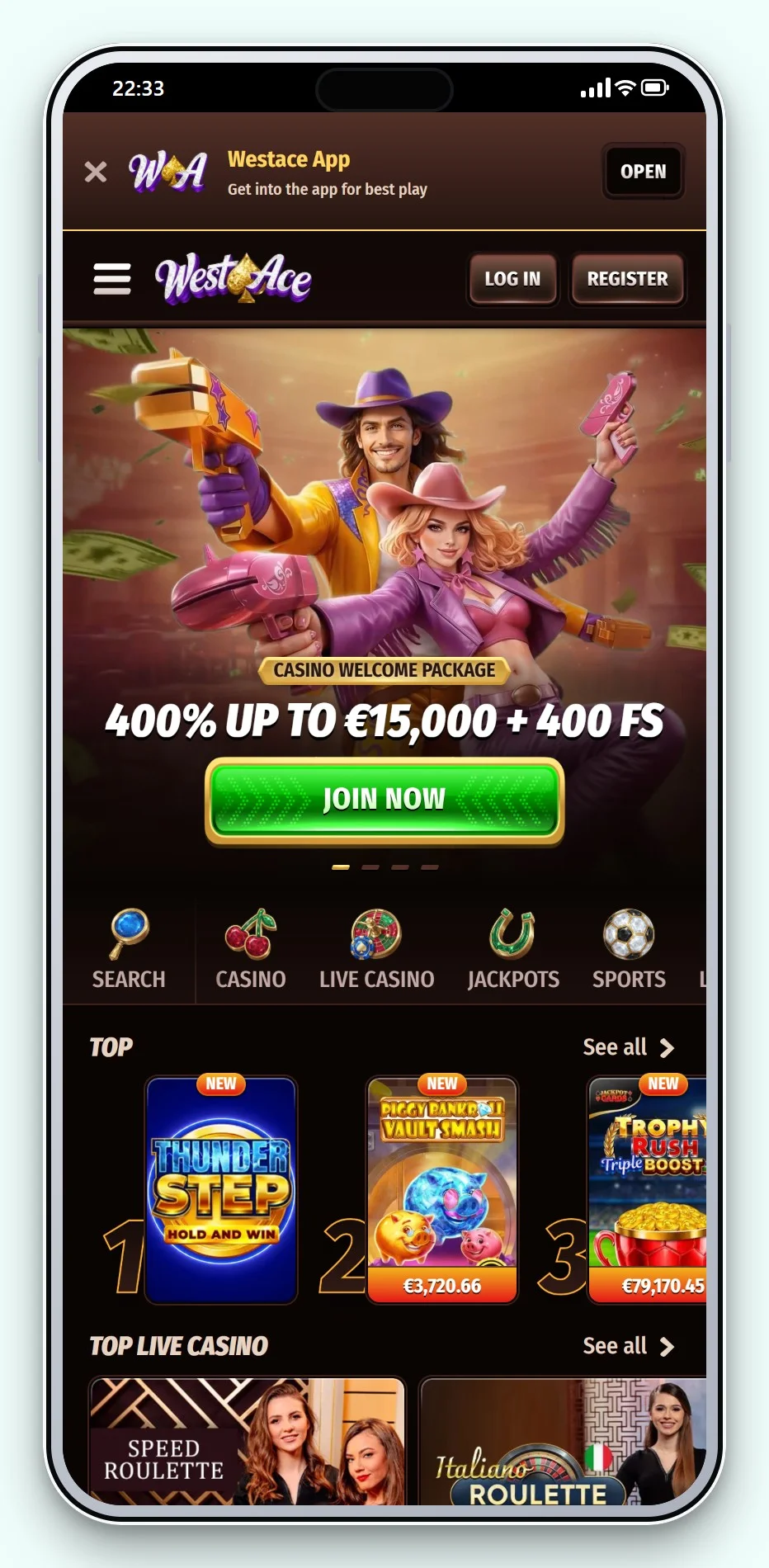 trustly casino: WestAce on mobile, the casino lobby on a phone