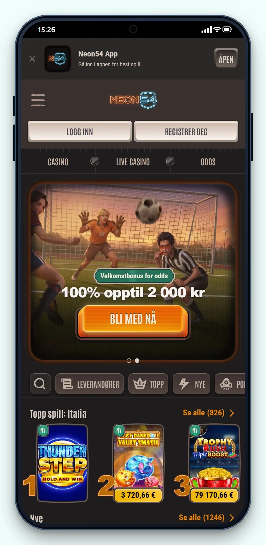 casino med BankID: Neon54 på mobilen, spillobbyen i casinoet