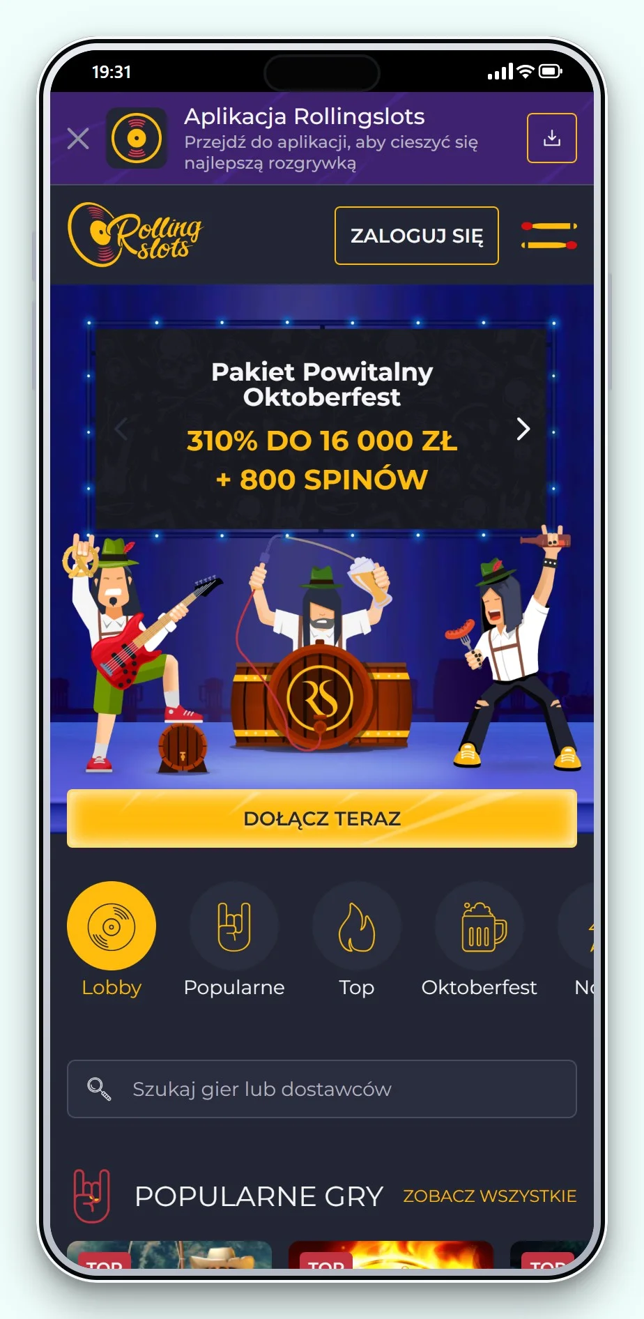 kasyna z Trustly: Rolling Slots na telefonie, lobby gier kasyna