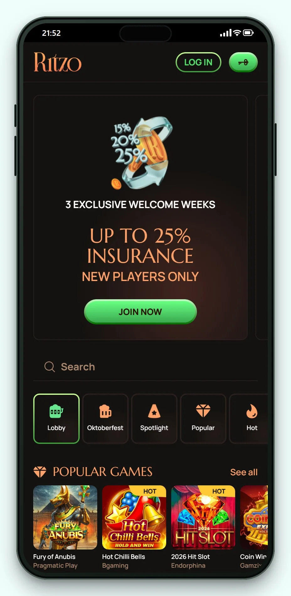 trustly casino: Ritzo pe mobil, lobby-ul de jocuri