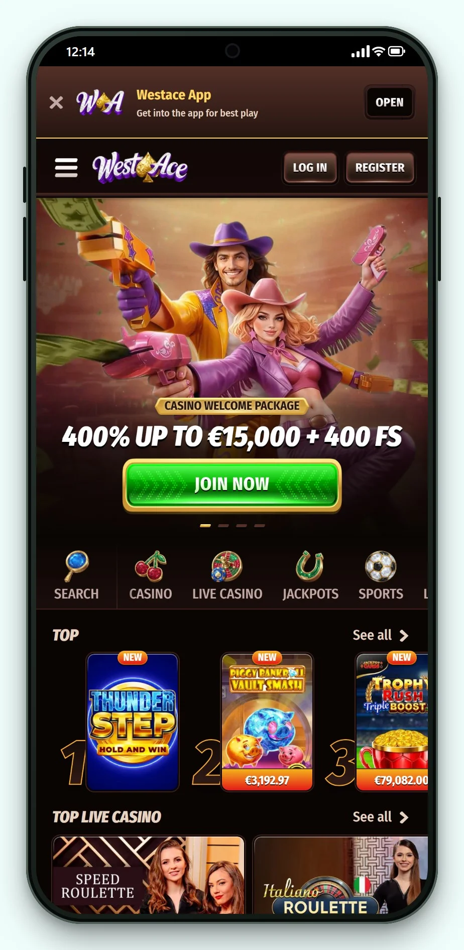 trustly casinos: WestAce on mobile, the casino lobby on a phone